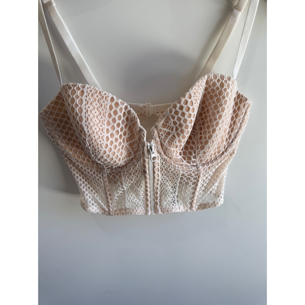 Victorias Secret Very Sexy White Mesh Demi Bustier Bra 36D Front Zip Corset